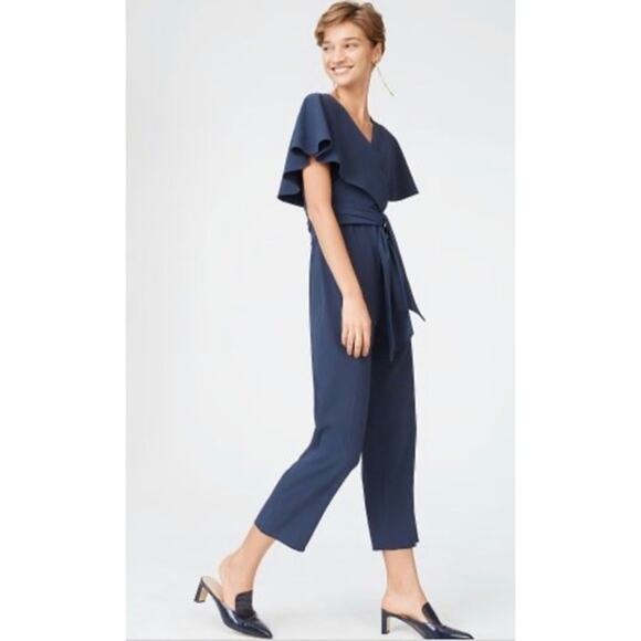 Club Monaco Catalenah Ruffle Tie Waist Jumpsuit Flutter Sleeve Navy Blue - Picture 2 of 13